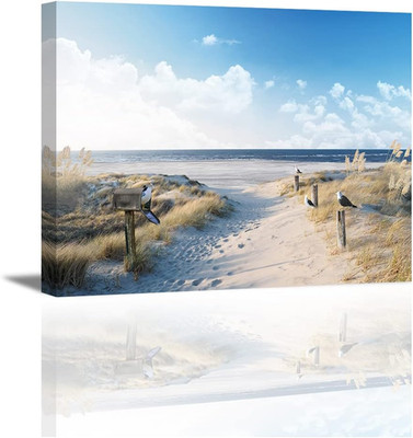 Stampe Su Tela Della Spiaggia Del Mare Cielo Blu, Nuvole, Uccelli, Erba Quadro D