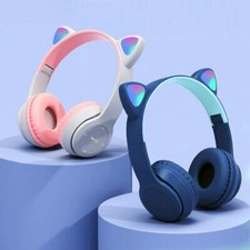 Kids Cat Ear Wireless Bluetooth Headphones LED Light Over-Ear Headset with Mic
