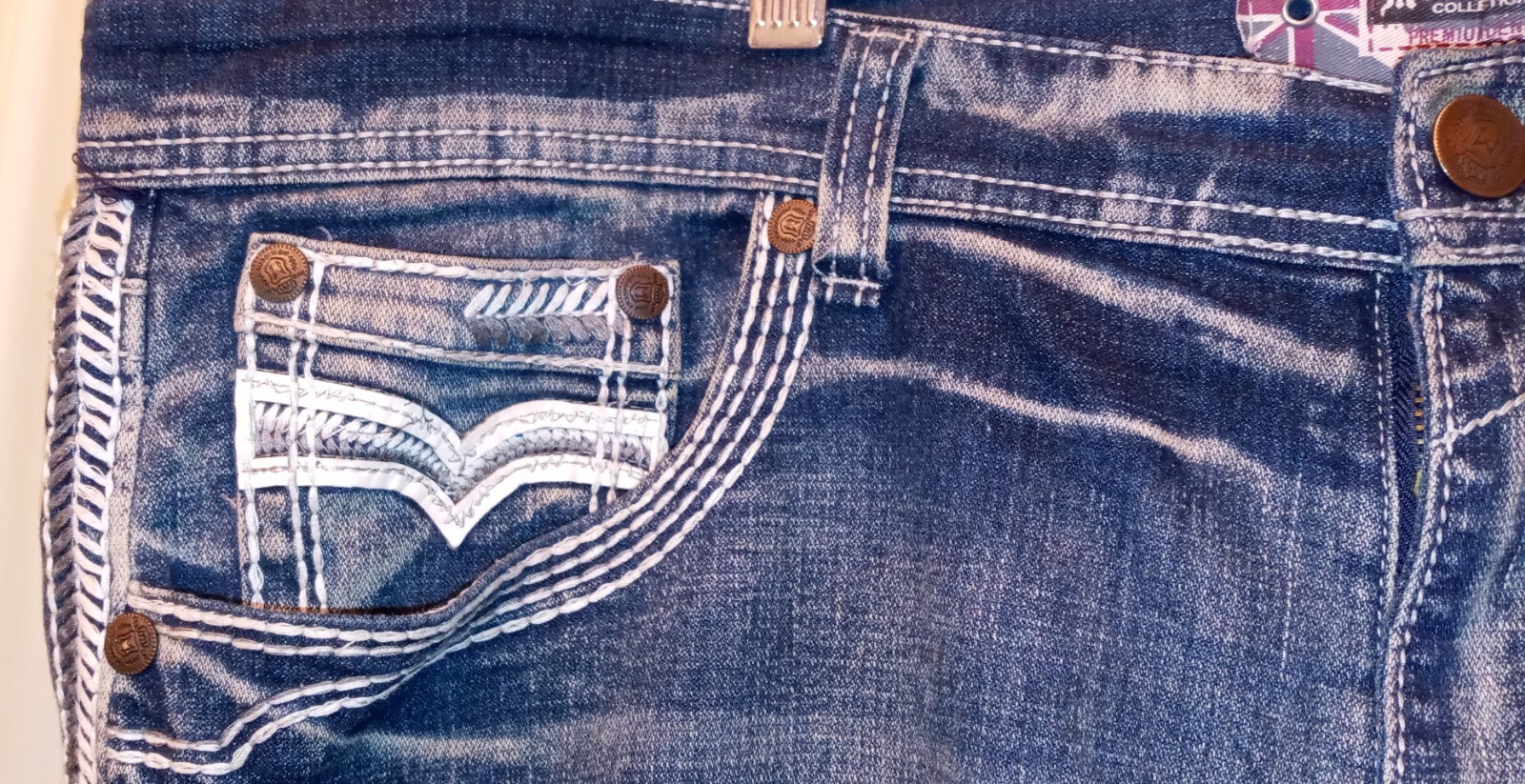 Mens Monarchy Designer Jeans Size 40x33 Blue Denim Stretch 5 Embroidered Pockets image 7