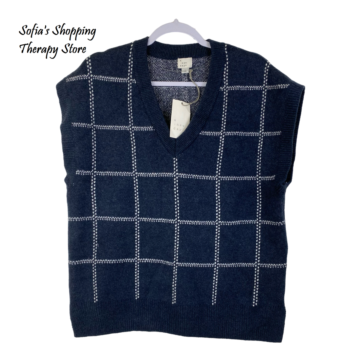 junusan　CLANE SQUARE SLEEVE KNIT VEST Lailezou Women's V Neck Knit Sweater Vest Argyle Plaid Preppy