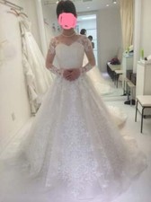 Plus Size Wedding Dress V Neck Long Sleeve Lace Applique A Line Bride Gown Train