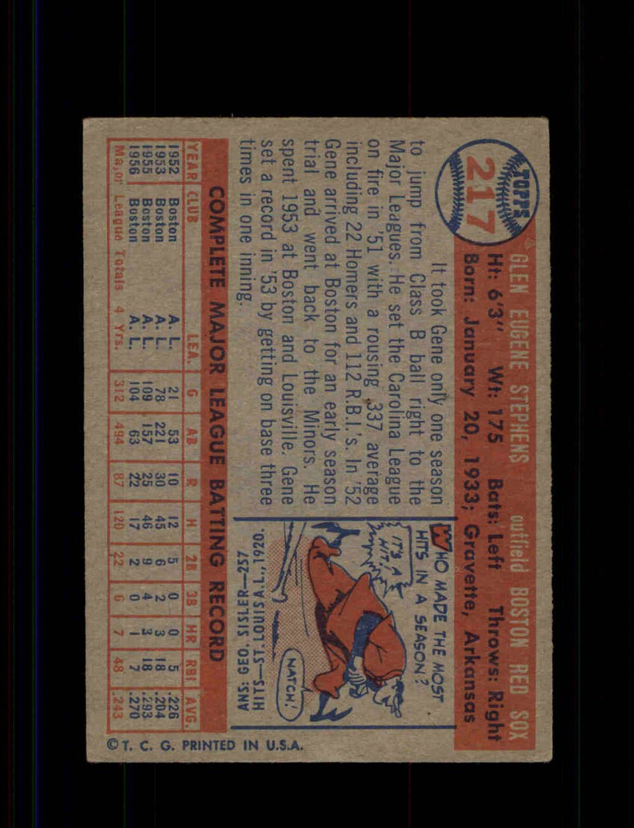 1957 GENE STEPHENS TOPPS #217 RED SOX *G5065 | eBay