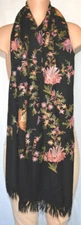 PEARLS & CASHMERE Black Floral Embroidered On The Entire Rectangular Scarf/Shaw 