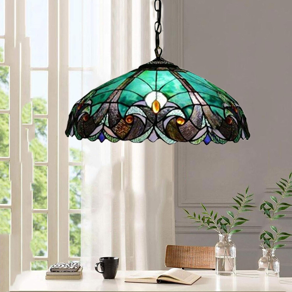 Vintage Sea Green Stained Glass Pendant Light Victorian Ceiling