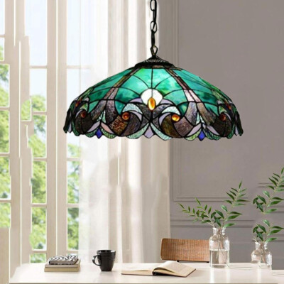 Vintage Sea Green Stained Glass Pendant Light Victorian Ceiling