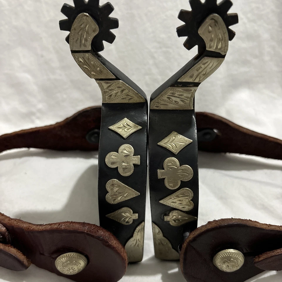 Charming Black Metal Steel Spur Set Brown Leather Gold Card Suit Embellishment - Image 2 of 4