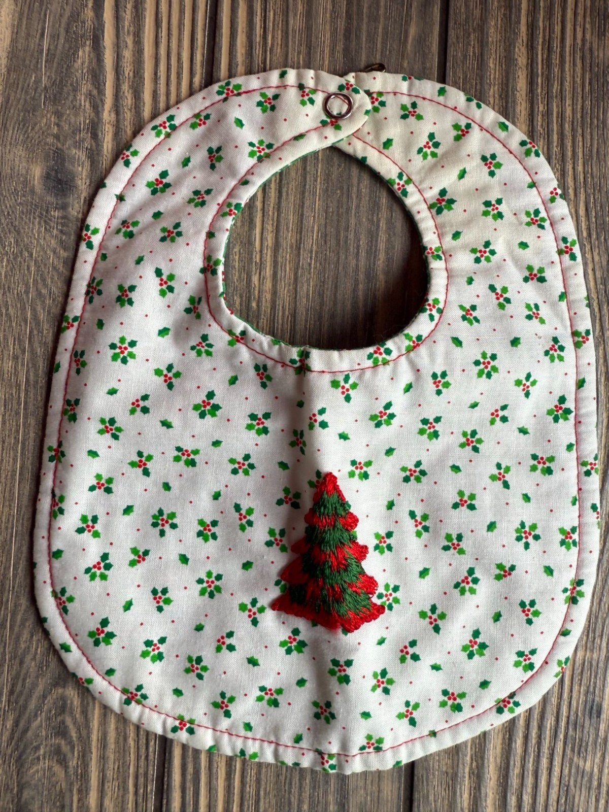 Reversible Baby Bib With Christmas Tree Embroidery & Holly Print