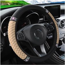 Bling Car Steering Wheel Cover, 15 Inch Rhinestones Soft Leather Elastic Steerin