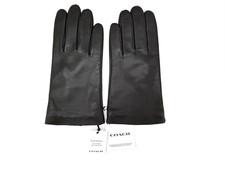 New Coach Women's Black Leather Tech Gloves Size L Wool Lining NWT CV864