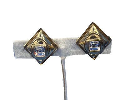 Vintage Givenchy Paris New York Gold Tone Clip On Earrings   Square Crystal