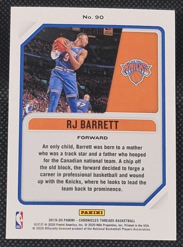 Tarjeta de novato RJ Barrett 2019-20 Panini Chronicles Threads No. 90 - Imagen 4 de 6