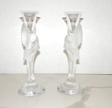 VTG 1987 FABERGE FROSTED CRYSTAL CANDLE HOLDER w SNOW DOVE CANDLESTICKS PAIR (2)