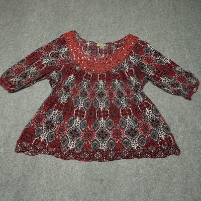 oneworld Women's Top 1X Red Black Rayon Paisley Embroidered
