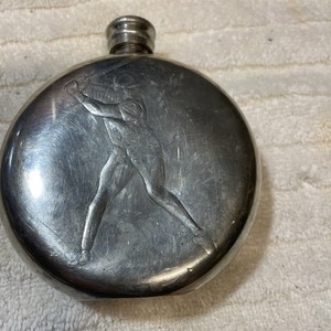 ROUND ENGLISH SHEFFIELD PEWTER FLASK WITH BASEBALL PLAYER