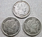1898, 1899, 1902 Barber Silver Dimes; Lot of Three (3) Coins.