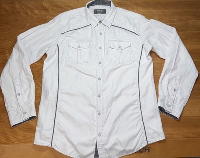 BKE Shirt Mens L White Argyle Textured Long Sleeve Button Up Flip Cuff Casual