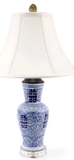 CHINOISERIE  PORCELAIN BLUE & WHITE DOUBLE HAPPINESS LAMP- ACRYLIC BASE-24.5"H