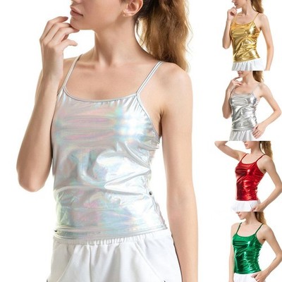 Women Crop Top Gold Kunstleder Leichter Strecher Muskelshirt Nasses Aussehen Rot