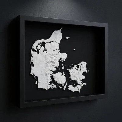 3D Denmark Map Wall Art: Topography in Black Wood Frame