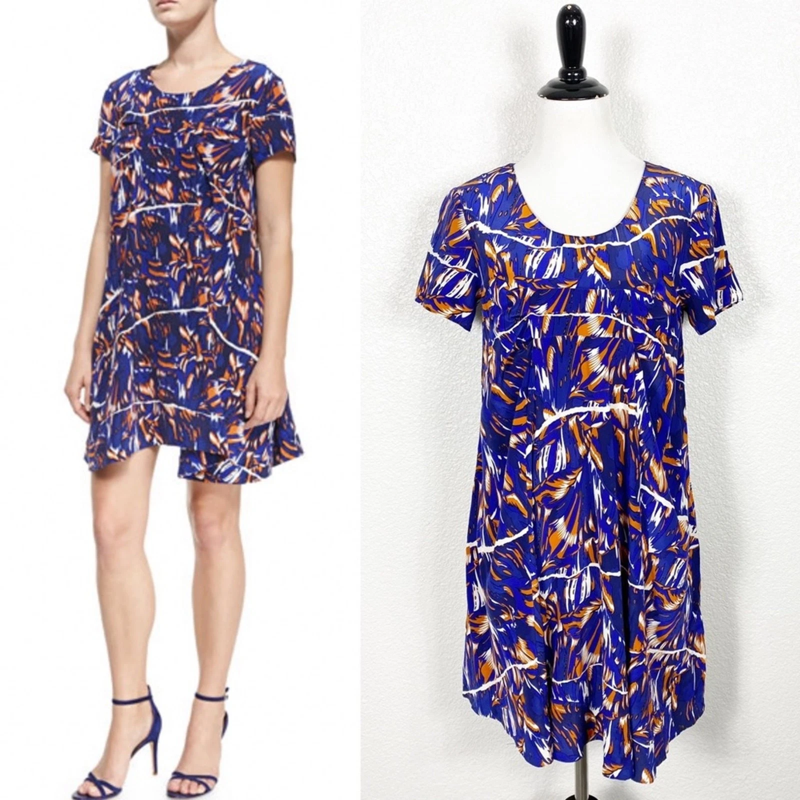 Mini Abito Kenzo Donna 100% Seta Stampa Fiori Strappati Manica Corta Blu Taglia XS