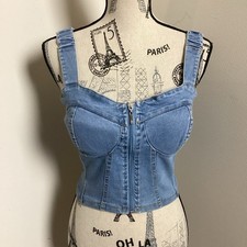 Jolie Joy Women s Denim Blue Corset Crop Top Full Zip Sleeveless Medium