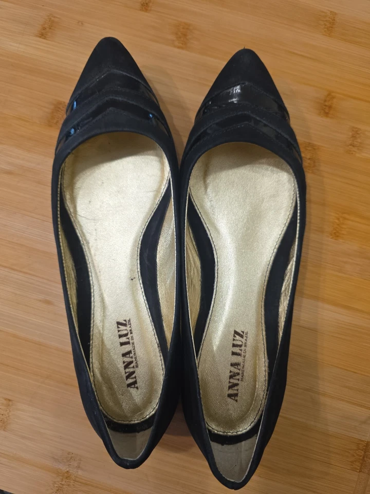 Pisos vintage Anna Luz, brasileños hechos a mano de gamuza negra y charol Chevron talla 9 Foto 2 de 4