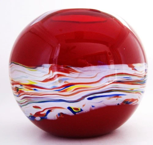 Vintage Murano style Blown Art Glass Round Vase Red with Rainbow Stripe 7.25"