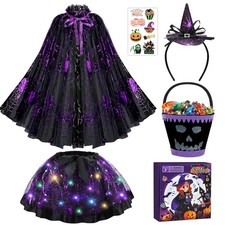 Girls Halloween Costume - Spider Witch Cape With Light Up Tutu, Witch Headban...