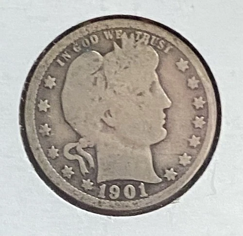1901 Barber Quarter 25C – 90% Silver – Circulated – Historic U.S. Coin
