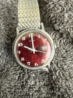 Vintage Timex Mans Watch, 16555 2573, Mech, Date, Silver Tone, Red Dial, Runs