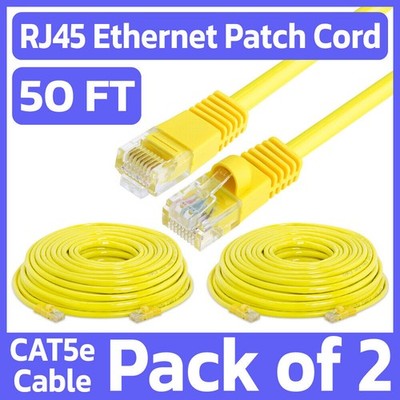 2 Pack Cat5e Patch Cord Yellow 50 Feet Lan Ethernet Cable Network Internet RJ45