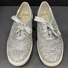 Keds Kate Spade Silver Glitter Shoes Sparkles Ribbon Lace Flats Sz US 6.5 UK 4