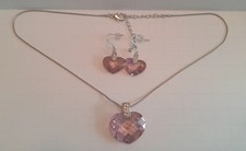 Pink Faceted Glass Heart Necklace  Earring Set Silver Tone Chain Pre-Owned