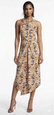 H Halston Floral Halter Neck Cinched Waist Asymmetric Hem Midi Sheath Dress M