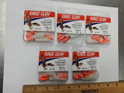 Lot of 5 Packs of 4 Eagle Claw Shad Darts - 1/8 oz Flourescent Orange - 20 Total