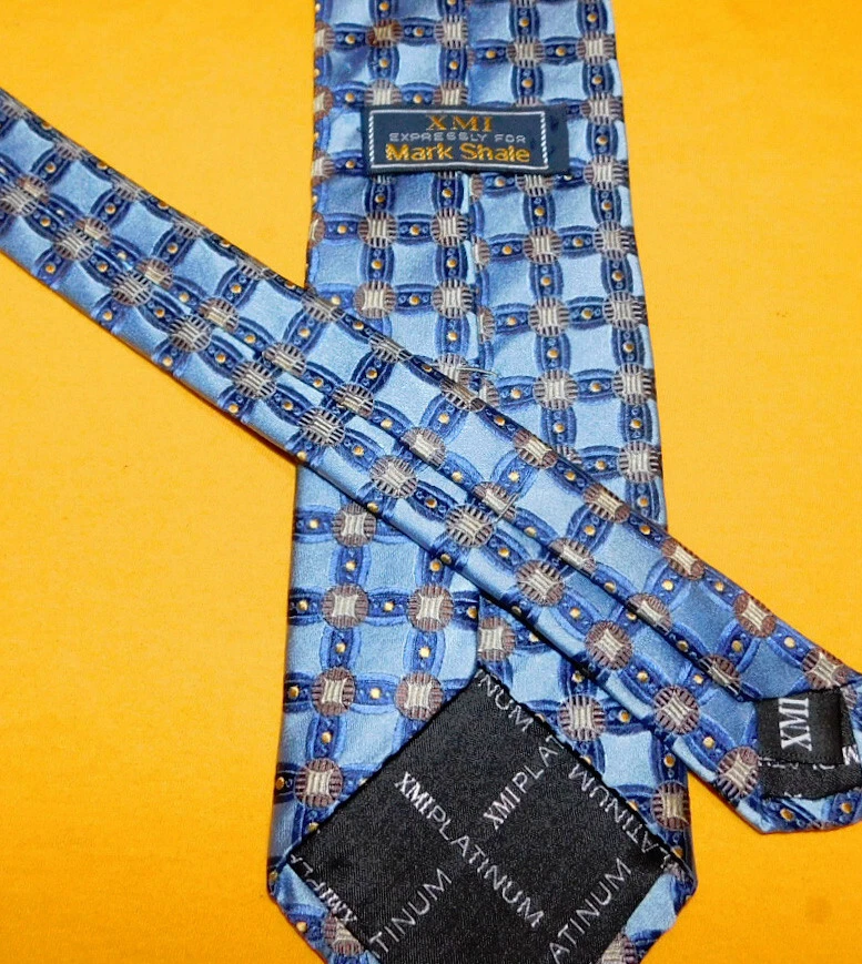 XMI PLATINUM MADE IN U.S.A. BLUE/YELLOW/BROWN CROSS STRIPED TIE - DESIGNER TIES. - Image 3 of 3