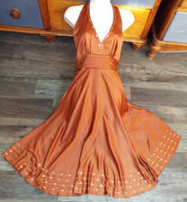 NICHOLAS MILLINGTON Halter Neck Beaded Full Flare Dress Copper Satin UK 8