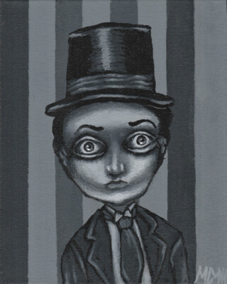 Mr Hat Gothic Fantasy gray grey black white stripes Original OOAK Painting Art