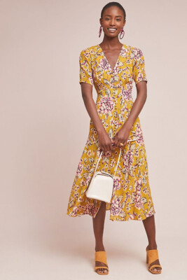 Neu Anthropologie Kachel Thea Sommer Blumen Midikleid, gelb, UK 6, UVP 148 £