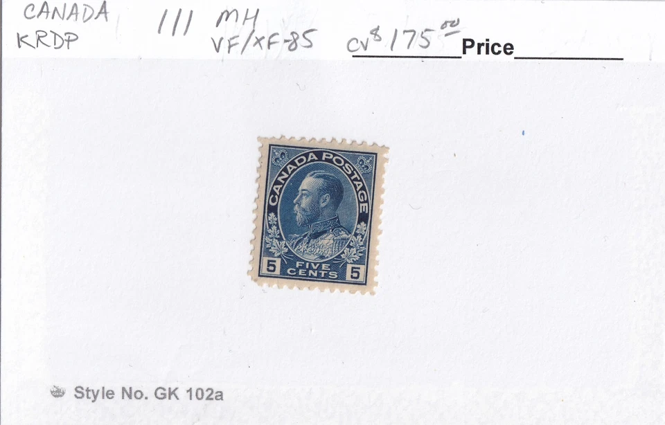 MATT'S STAMPS SCOTT CANADA #111, 5-CENT GEORGE V 1912 ISSUE, VF/XF-85 MH CV$175 - Image 3 of 3