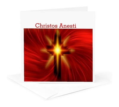 Happy Easter Greeting Card in Greek with Red Fiery Cross - Holiday Card