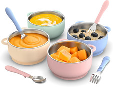 Baby Toddler Suction Bowls  Utensils Set Stainless Steel Silicone Feeding 2in1