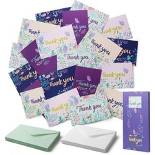 Thank You Note Cards, 20 Pack Blank, 5 Designs, Envelopes Included, Multicolor