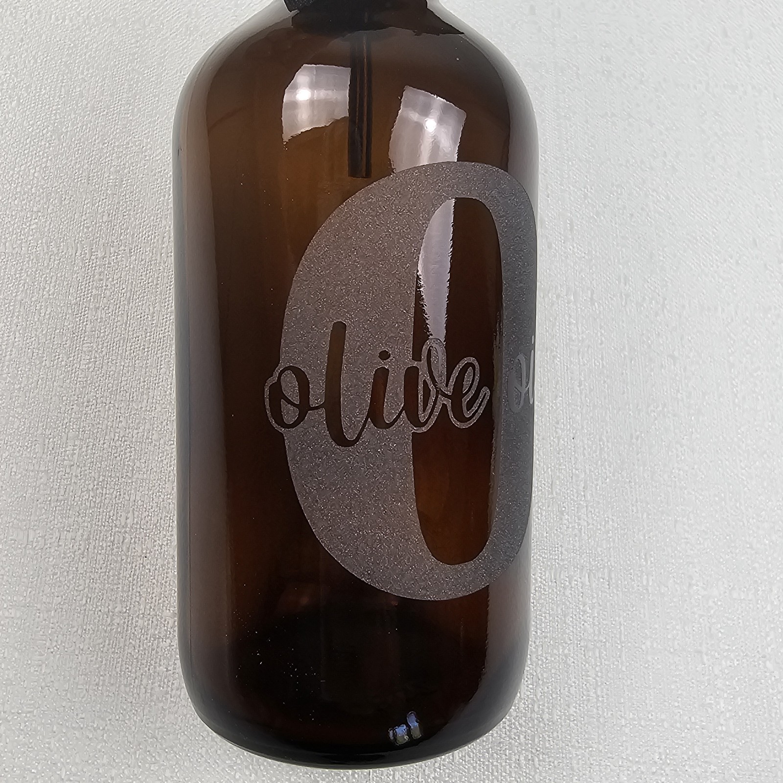 Olive Oil and Vinegar Dispenser Set 8 oz Amber Glass Bottles Upcycled Etched