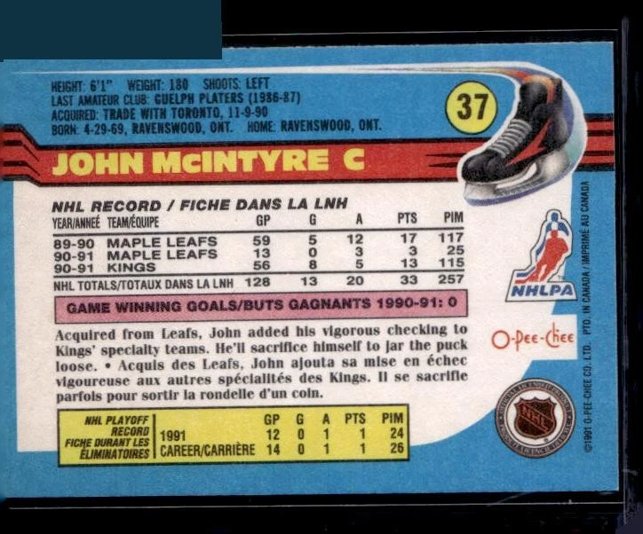 1991-92 Topps #37 John McIntyre - Image 2 of 2
