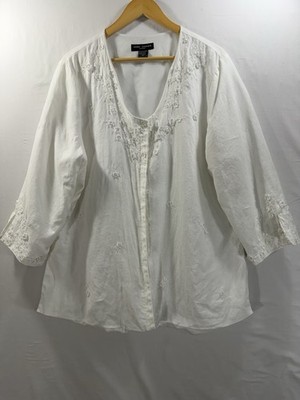 Anne Carson White Embroidered Beaded Blouse Women s 2X Boho Peasant Top Flora