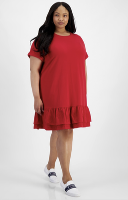 Tommy Hilfiger Women Short Sleeve Tiered Embroidered Dress Scarlet Plus Size 2X Tommy Hilfiger Women Short Sleeve Tiered Embroidered Dress Scarlet Plus Size 2X