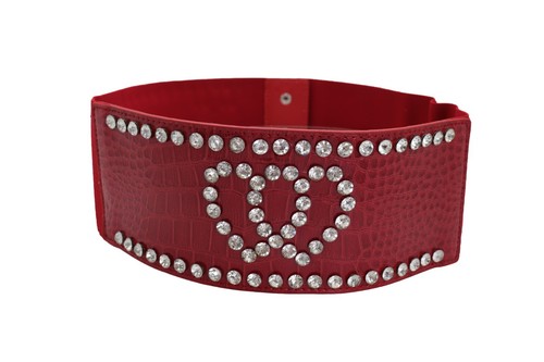 Women Red Elastic Wide Belt Hip High Waist Silver Heart Love Friendship Size S M - Picture 19 of 23