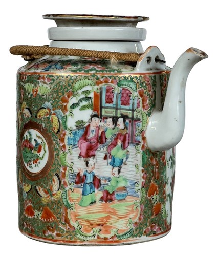 Antique Chinese Famille Rose Medallion Porcelain 6.5" Barrel Teapot Strainer Lid - Picture 2 of 10