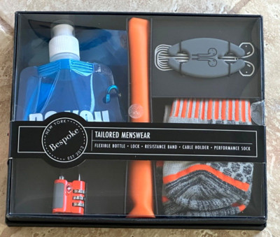 BESPOKE TAILORED MENSWEAR FIT KIT:NIB RESIST BAND,LOCK,CABLE HOLDER,SOCKS,BOTTLE
